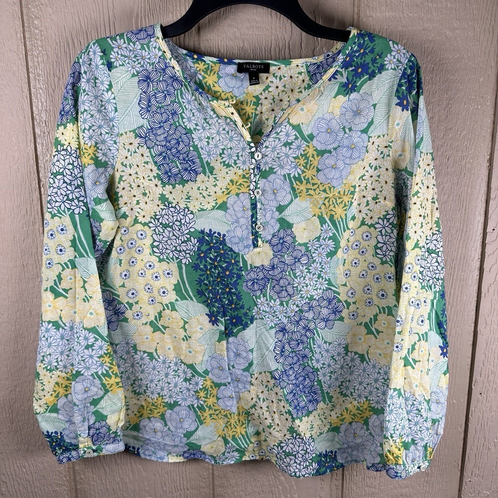 Talbots Floral Popover Blouse Womens Petite Lightweight Cotton Yellow Green Blue